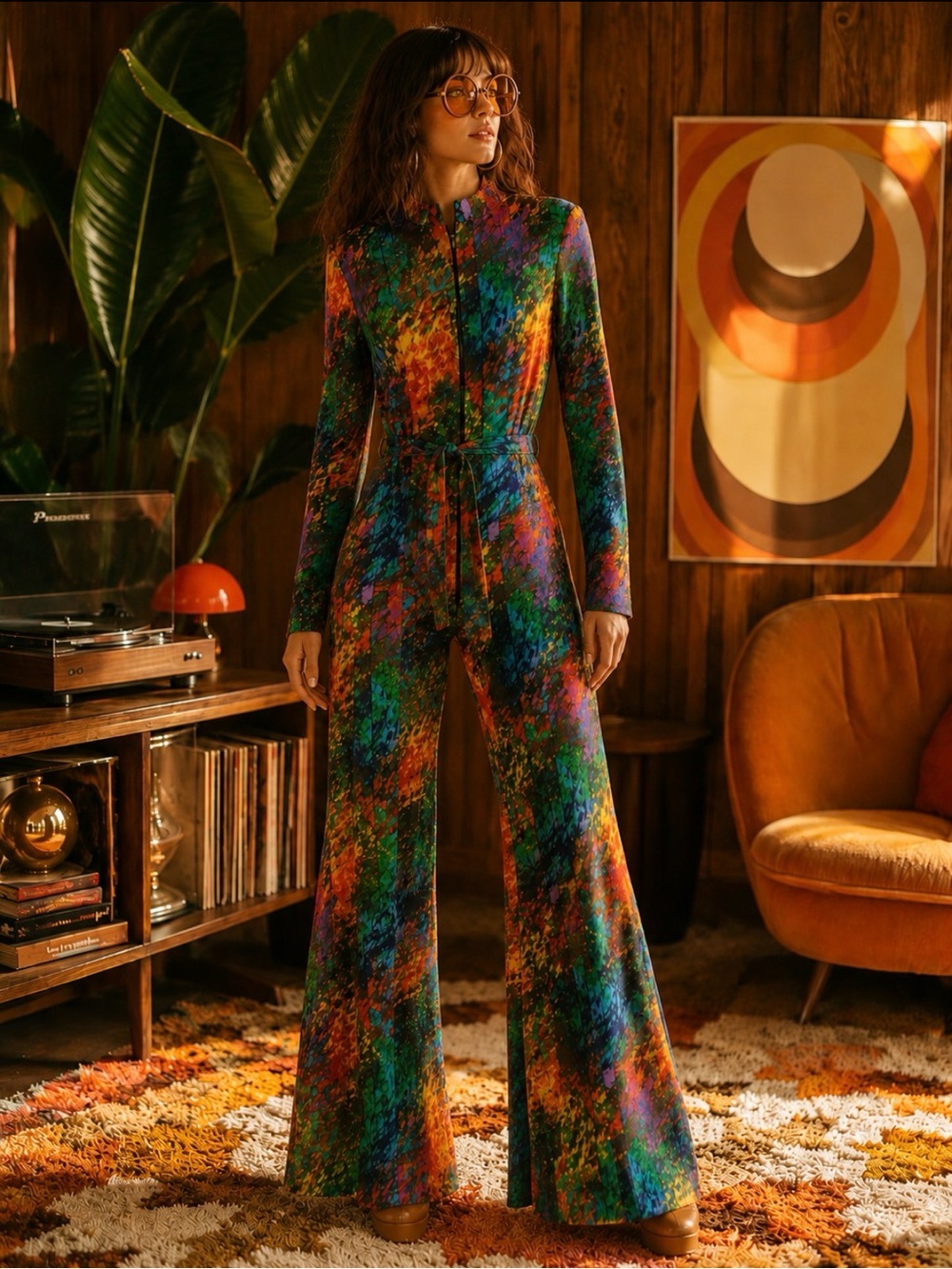 Semon Frelich Retro Multi-Color Tie-Dye Long Sleeve Jumpsuit Small - Picture 2 of 13